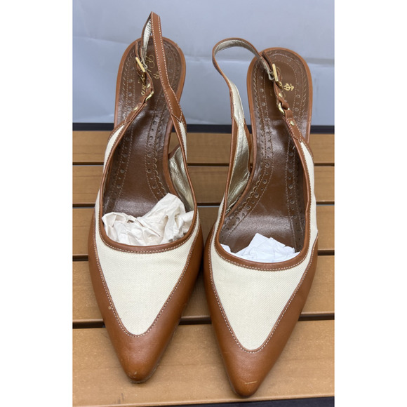 Brooks Brothers Canvas and Leather Woman Size 10 Made In Italy Sling back Heels - Picture 1 of 11